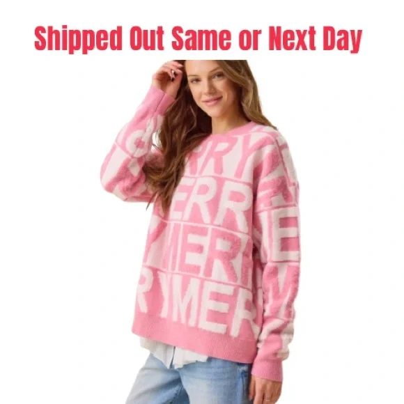 NWT Peach Love Christmas Pink Merry Sweater - LARGE - Picture 2 of 3